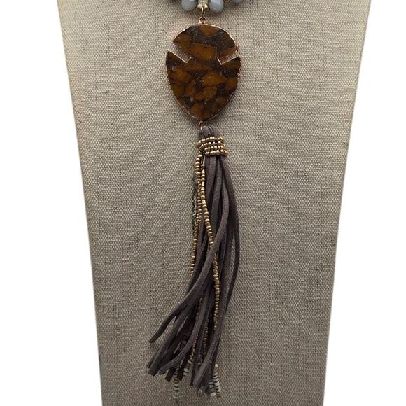 Boho Beaded Tassel Necklace with Brown Stone Pendant & Faceted Beads - Picture 4 of 6
